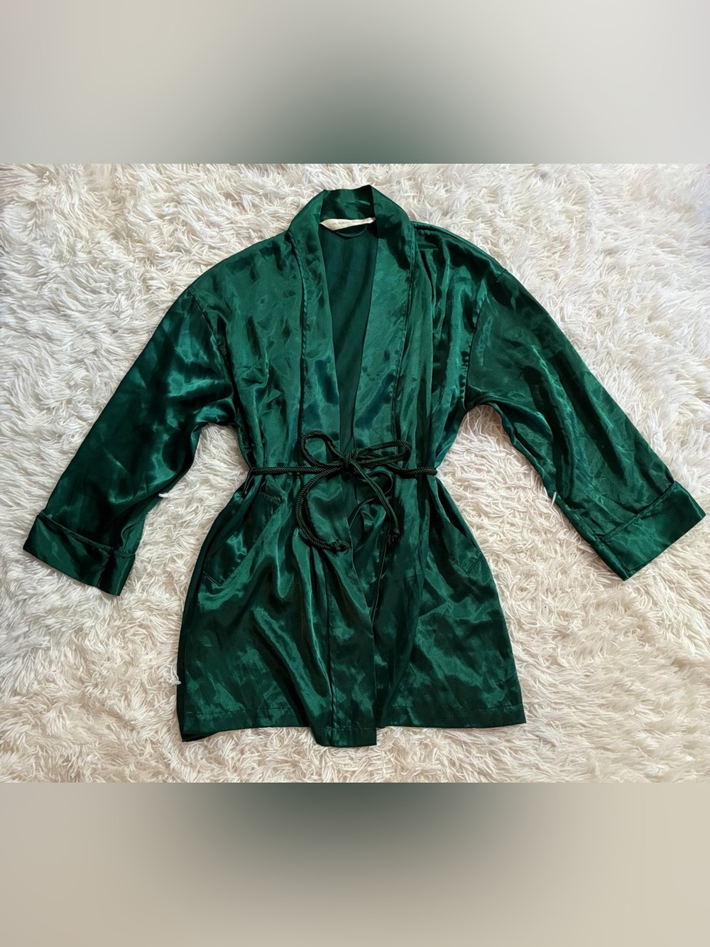 Vintage 1996 90s Victorias Secret Satin Tie Robe Kimono Forest Emerald Green OS